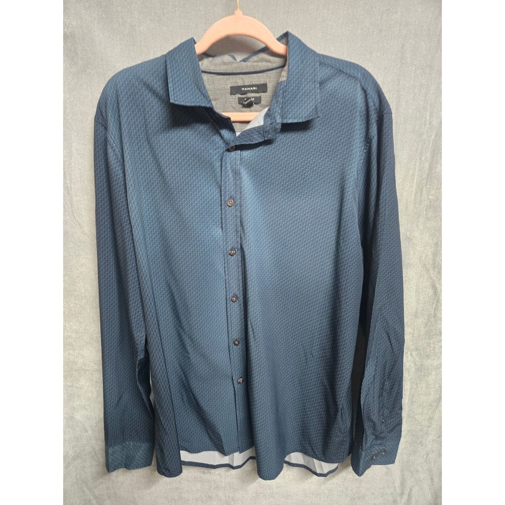 Tahari Mens Slim Fit‎ Blue Geometric Stretch Button Down Shirt XL Long Sleeve